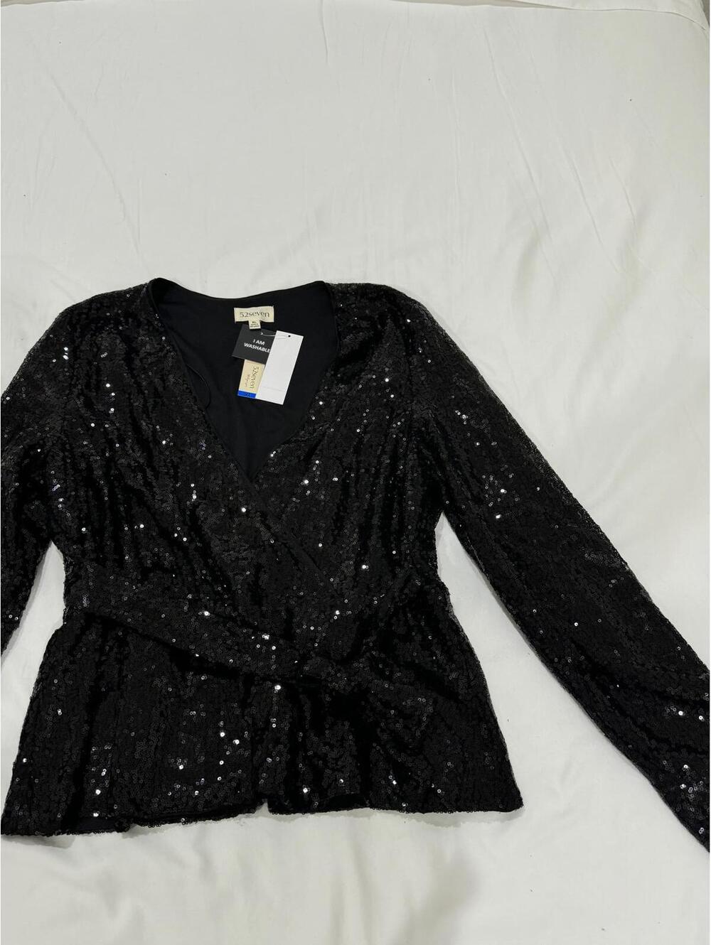 NWT 52Seven Black Sequin Wrap Blouse Top XL Party Sparkle Goth Night Out Retro - Picture 3 of 9